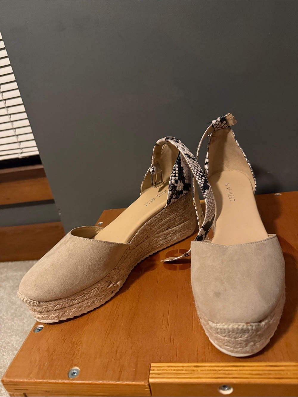 Wedge Espadrille Sandals in Beige with Snakeskin Ankle Strap
